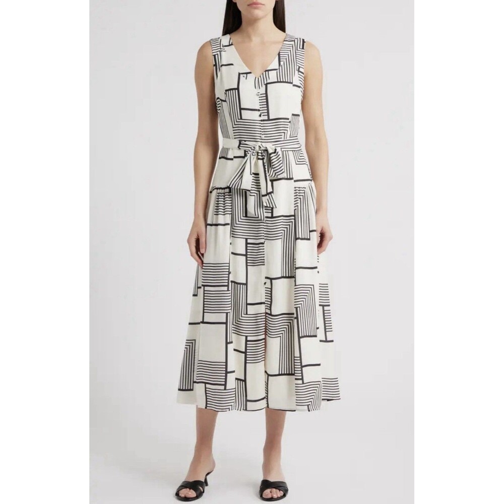 Zoe And Claire Mixed Geo Print Belted Black Cream Sleeveless Midi Dress Medium